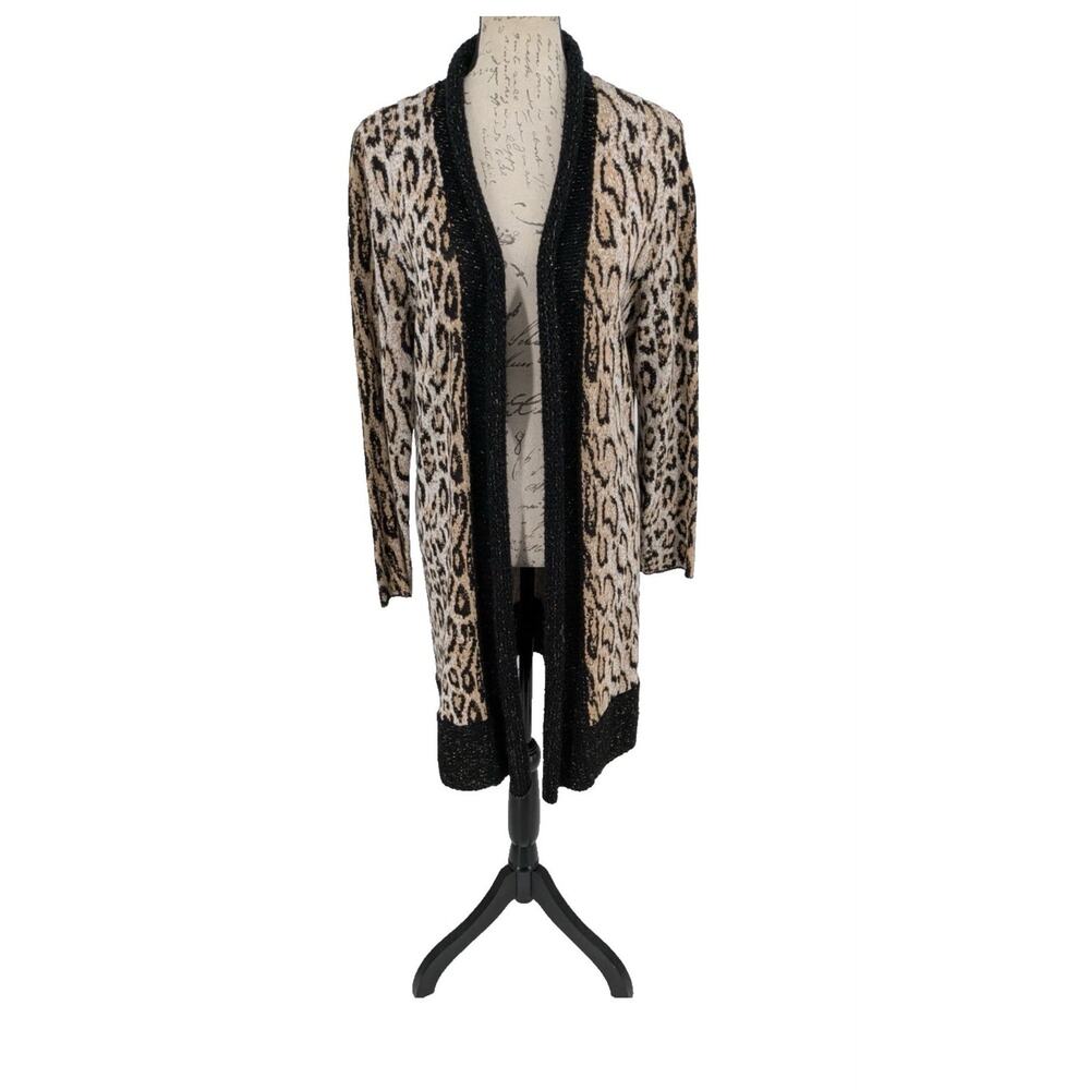 Chico’s Duster Size 1 Women’s Medium Leopard Print Open Front Black Trim